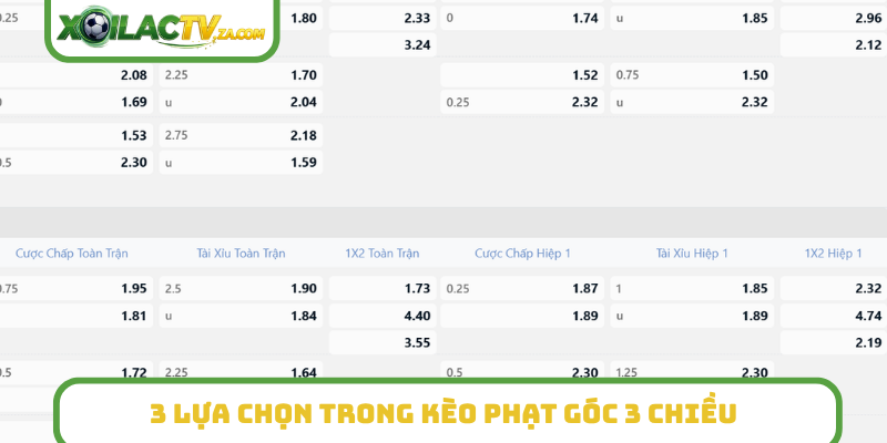 3 lựa chọn trong kèo phạt góc 3 chiều